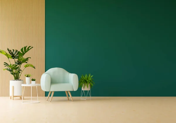 Armchair in green living room with free space for mockup, 3D rendering