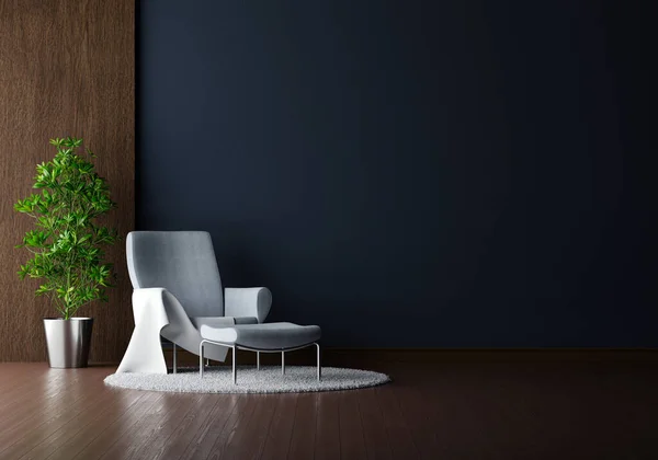 Gray armchair in black living room interior with copy space for mockup, 3D rendering