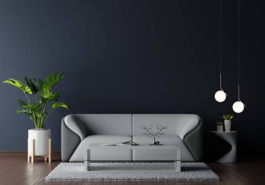 Koyu oturma odasındaki gri kanepe. Model için boş yer var.