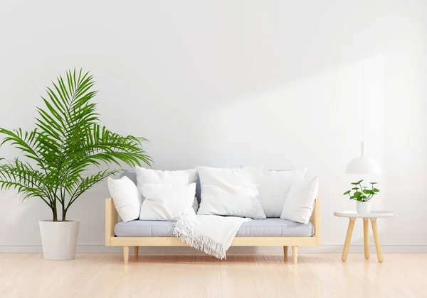 Gray sofa in white living room interior with free space for mockup, 3D rendering