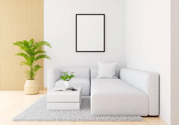 Graues Sofa Weißen Wohnzimmer Mit Gestell Attrappe Rendering — Stockfoto