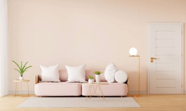 Kahverengi oturma odasındaki pembe kanepe. İçi boş, üç boyutlu.