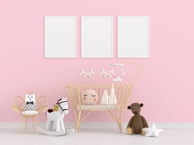 Resim çerçeveli pembe çocuk odası, 3 boyutlu görüntüleme