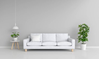 Gri oturma odasındaki gri kanepe, fotokopi alanı, 3 boyutlu görüntüleme