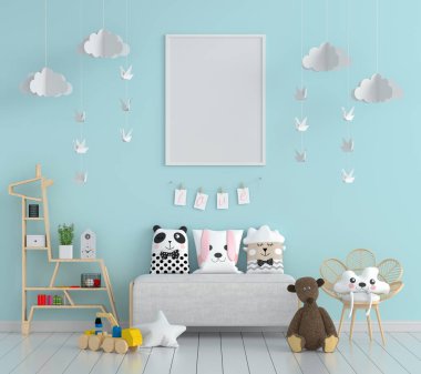 Resim çerçeveli mavi çocuk odası, 3B görüntüleme