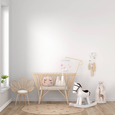 Kopya alanı olan beyaz çocuk odası, 3D görüntüleme