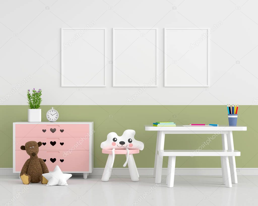 Child room with picture frame mockup, 3D rendering