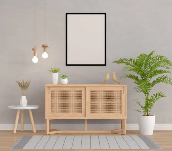 Wood sideboard in living room with picture frame mockup, 3D rendering