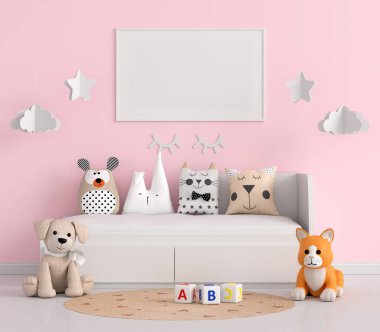 Resim çerçeveli pembe çocuk odası, 3D görüntüleme