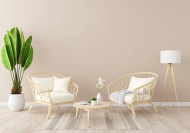 Kahverengi oturma odasının içinde kopya alanı, 3 boyutlu görüntüleme