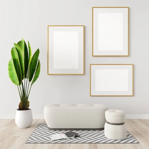 Bench in white living room with picture frame mockup, 3D rendering