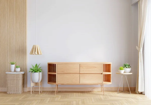 Wood sideboard in living room interior with copy space, 3D rendering