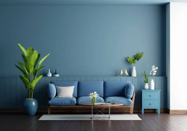 Blue sofa in blue living room interior with copy space, 3D rendering