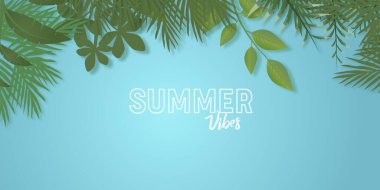 Tropik yaz yaprakları orman bitkileriyle doludur. Açık mavi arkaplanda yaprakları olan yeşil kırtasiye malzemesi.