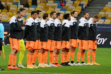 KYIV, UKRAINE - 20 Ekim 2020: Juventus 'un oyuncuları UEFA Şampiyonlar Ligi sahne futbolu maçı öncesinde Kyiv' de Dinamo Kyiv ve Juventus arasında poz verdiler 