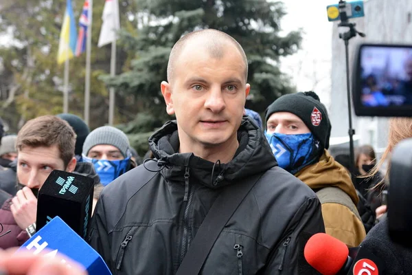Aktivisták Yevhen Karas Beszél Rendőrséggel Egy Összecsapás Során Aktivisták Veteránok — Stock Fotó