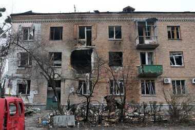 A residential building stands damaged by a Russian airstrike on November 29, 2025 in Kyiv, Ukraine.