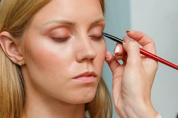 Process Creating Makeup Makeup Artist Working Brush Face Model Portrait Stock Picture
