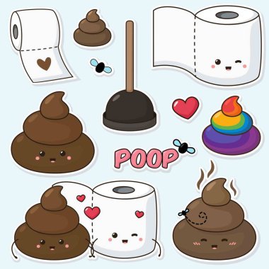 Vector cartoon icon sticker set toilet paper and poop. Image cartoon emoji kawaii chibi shit, poop and toilet paper clip art. Illustration emoji  smile shit poop stickers