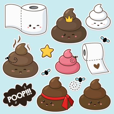Vector cartoon icon sticker set toilet paper and poop. Image cartoon emoji kawaii chibi shit, poop and toilet paper clip art. Illustration emoji  smile shit poop stickers