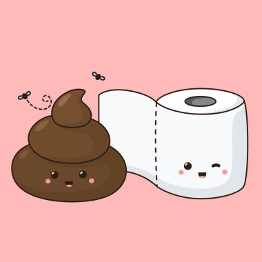 Vector kawaii cartoon icon poop and toilet paper. Image smile cartoon chibi toilet paper and shit. Illustration friends emoji poop and toilet paper