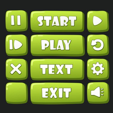 Vektör simgesi yeşil düğmeler ayarlandı. Oyun için Resim yeşil düğmesini stokla: başlangıç, çıkış, oyun, yeniden başlat, tekrar oynat, kapat, duraklat, ayarlar ve ses düğmeleri
