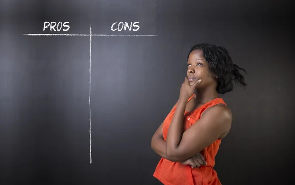 South African or African American woman teacher or student pros and cons decision list — Stock Image South African or African American woman teacher or student pros and cons decision list Stock Photo