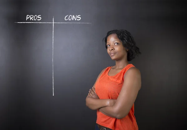 South African or African American woman teacher or student pros and cons decision list — Stock Photo, Image