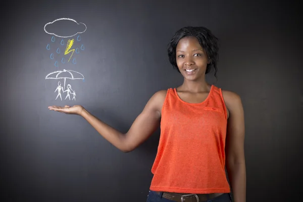 South African or African American woman teacher or student thinking about protecting family from natural disaster — Stock Photo, Image