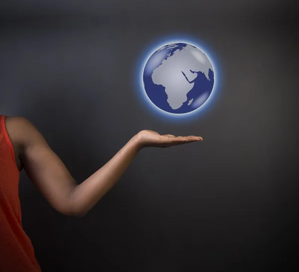 South African or African American woman teacher or student holding world earth   globe — Stock Photo, Image