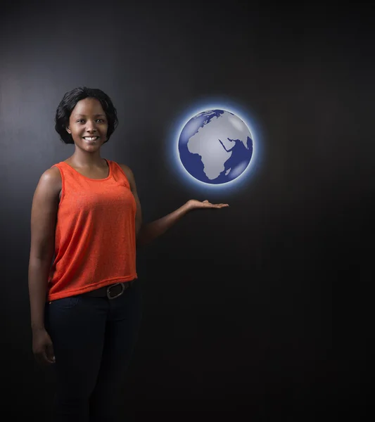 South African or African American woman teacher or student holding world earth globe — Stock Photo, Image