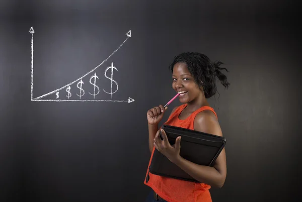 South African or African American woman teacher or student against blackboard background money graph — Stock Photo, Image