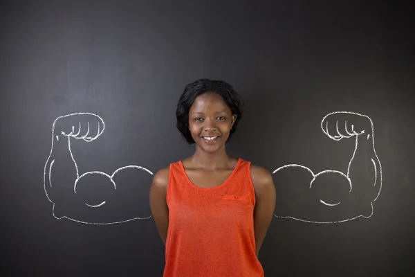 Zuid-Afrikaanse of African American vrouw met gezonde sterke armspieren voor succes — Stockfoto