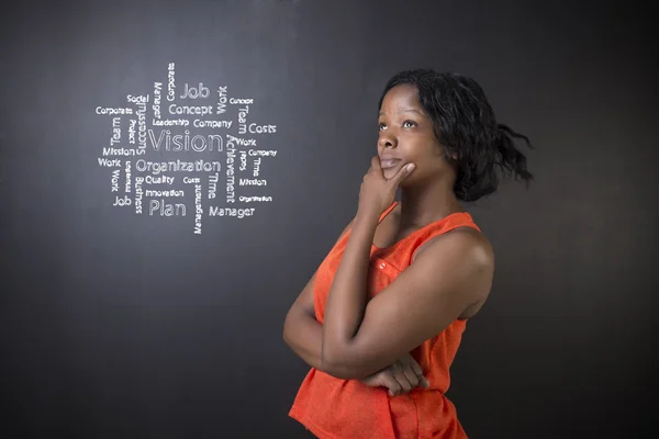 South African or African American woman teacher or student against blackboard vision diagram — Stock Photo, Image