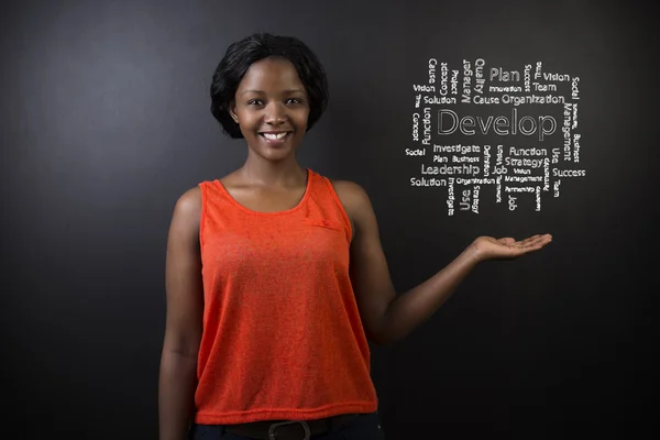 South African or African American woman teacher or student against blackboard develop diagram — Stock Photo, Image