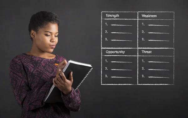 African American woman writing in book diary SWOT analysis on blackboard background — ストック写真