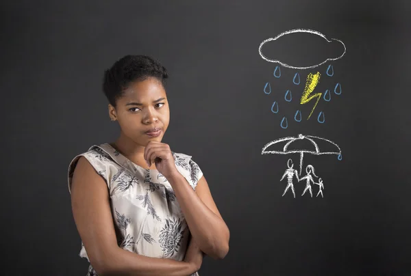 African American woman thinking about an insurance concept — Φωτογραφία Αρχείου