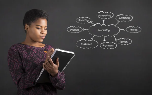 Mujer afroamericana escribiendo en el diagrama de marketing del diario del libro en el fondo de pizarra — Foto de Stock