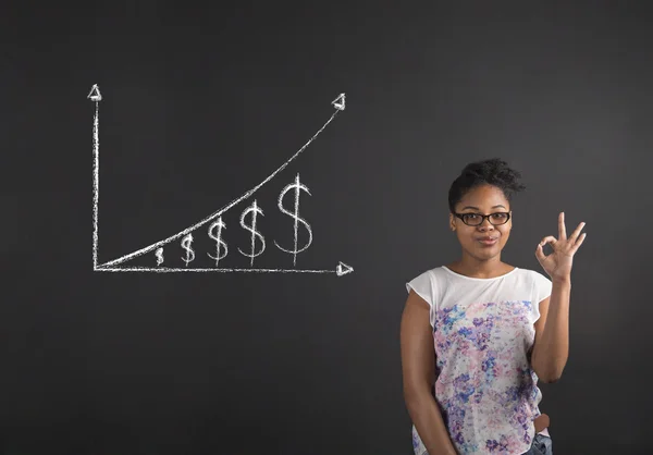 African woman with perfect hand signal with a growing money graph on blackboard background — Stockfoto