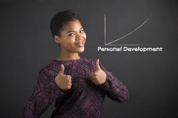 African American woman with thumbs up hand signal to personal development on blackboard background — Stock Photo, Image