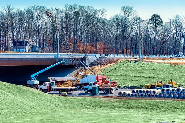 Tiro Horizontal Trabalhos Construção Viaduto Ponte — Fotografia de Stock