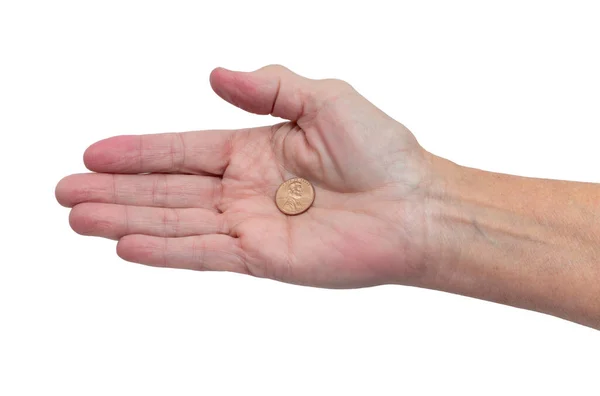 Horizontal Shot Right Hand Palm Holding Single Penny Pandemic — Stock Photo, Image