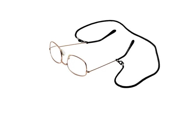 Bir Çift Okuma Gözlüğünün Beyaz Arka Planda Siyah Boyunluk Ile — Stok fotoğraf