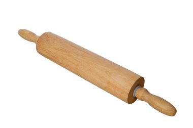 Beyaz üzerine izole edilmiş eski bir tahta oklavanın yatay görüntüsü. Çapraz yatırılmış. Bir sürü kopyalama alanı.