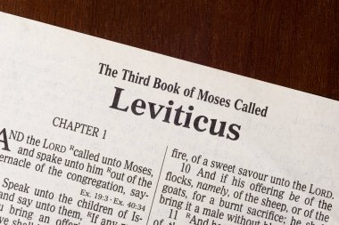 Bu 1611 'de çevrilen Kral James İncili. Telif hakkı yok. Leviticus 'un kitabının ilk sayfasının ustura gibi keskin bir makro fotoğrafı.