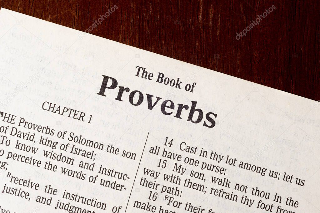 This is the King James Bible translated in 1611.  There is no copyright.  Macro photograph of the Title Page of Proverbs