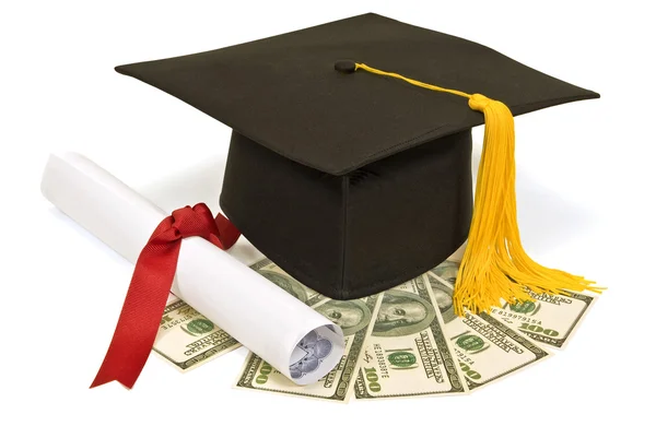 Diploma de sombrero de graduación y dinero — Foto de Stock