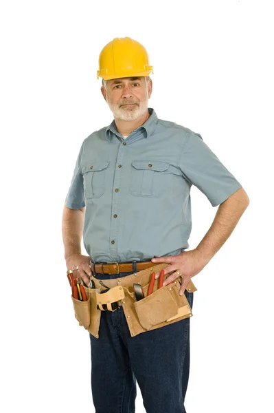 Építőipari munkás vagy állva Toolbelt szerelőt — Stock Fotó