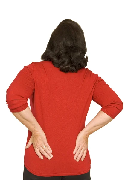 Kadın beyaz izole şiddetli sırt ağrısı ile — Stok fotoğraf