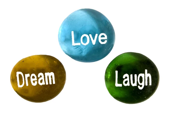 Group Of Encouragement Stones Saying Dream Love Laugh Isolated — Stock Photo, Image